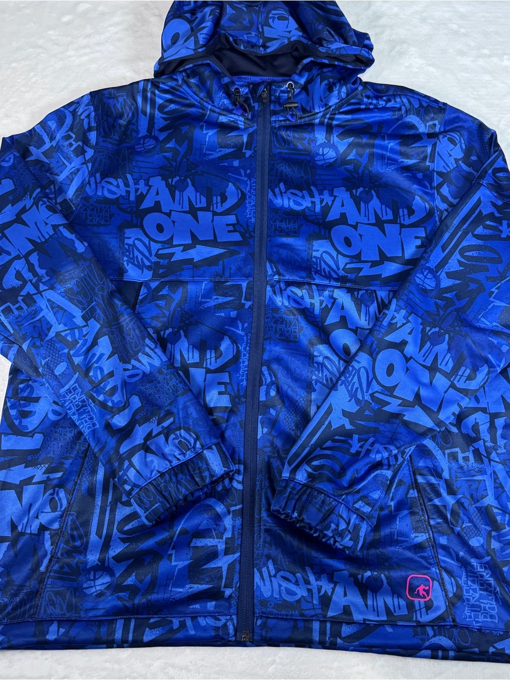 AND1 Men’s Large Blue Graffiti Print Full Zip Hooded Jacket Windbreaker